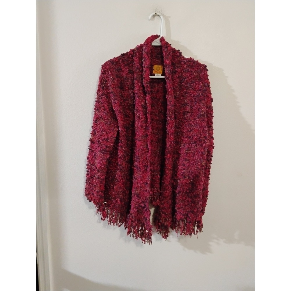 Ruby Rd Womens Popcorn Knit Open Front Cardigan Pink Red Fringe Hem Large